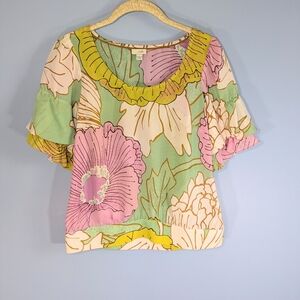 Anthro Odille Silk Ruffle Sleeves Banded Hem Blouse